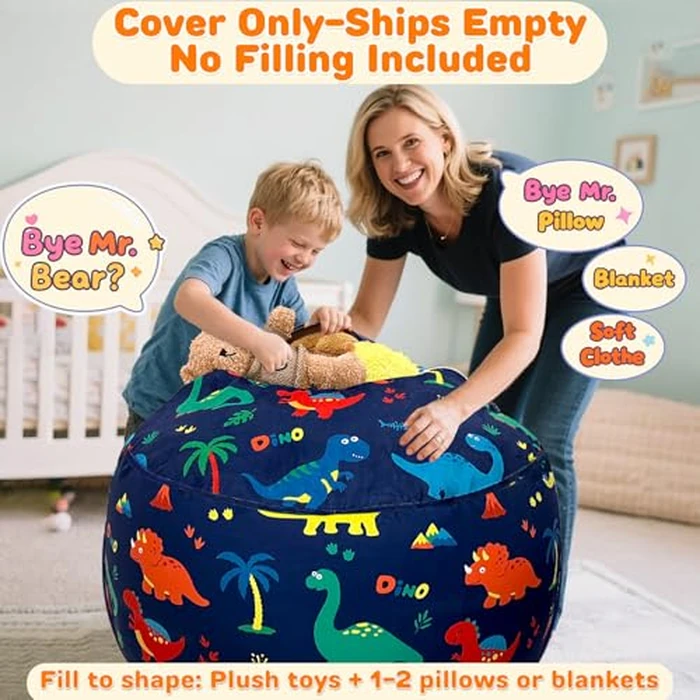 Lukeight Dinosaur Stuffed Animals Storage Bean Bag Chair Cover Only (Ships Empty, No Filling) - Velvet YKK Zipper Beanbag Cover for Kids Big kids, Washable Plush Toy Organizer, X-Large 30" D x 18" H by Lukeight - Image 2