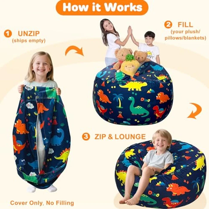 Lukeight Dinosaur Stuffed Animals Storage Bean Bag Chair Cover Only (Ships Empty, No Filling) - Velvet YKK Zipper Beanbag Cover for Kids Big kids, Washable Plush Toy Organizer, X-Large 30" D x 18" H by Lukeight - Image 3