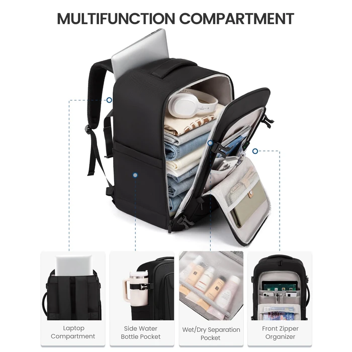 LOVEVOOK Travel Backpack for Men, 45L Carry on Backpack with 3 Packing Cubes, Extra Large Personal Item Bag Fits 17.3 inch Laptop for Weekender Business Trip, Waterproof Daypack, Black by LOVEVOOK - Image 3