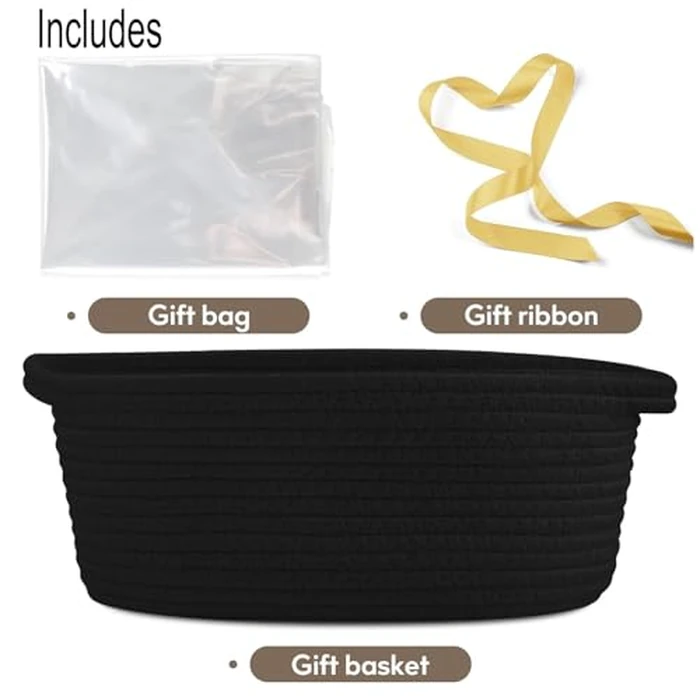 WADY Gift Basket Empty with Handles, Small Cute Woven Rope Basket for Baby Nursery, Kids Toys Storage - Includes Gift Bag & Ribbon, Perfect for Wedding, Birthday, Baby Shower Gifting Ideas (Black) by WADY - Image 3