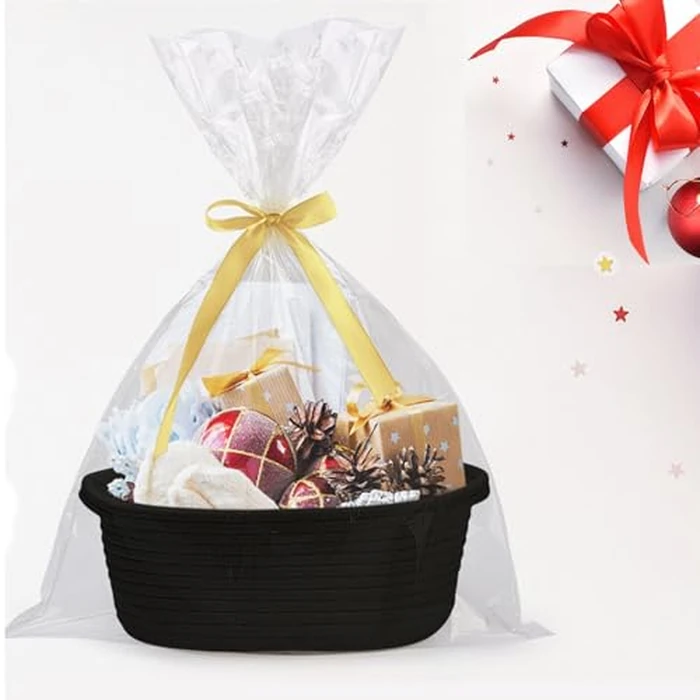 WADY Gift Basket Empty with Handles, Small Cute Woven Rope Basket for Baby Nursery, Kids Toys Storage - Includes Gift Bag & Ribbon, Perfect for Wedding, Birthday, Baby Shower Gifting Ideas (Black) by WADY - Image 4