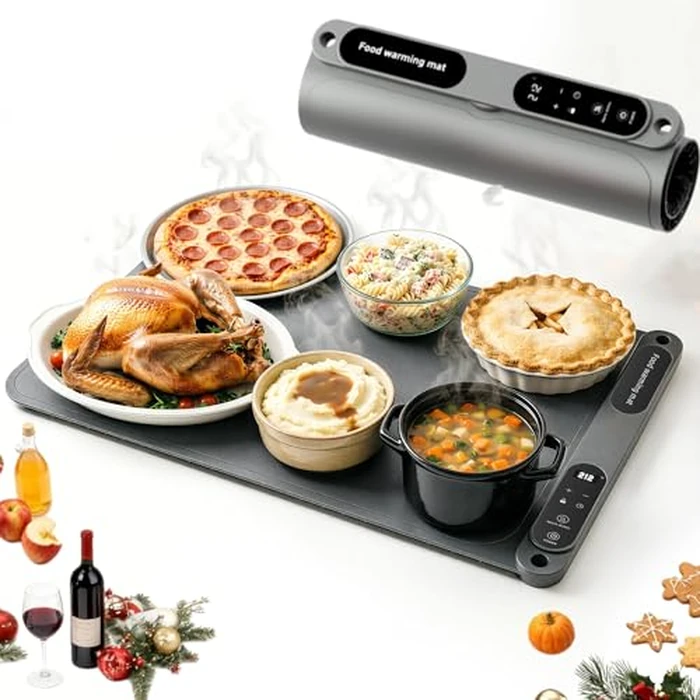 (Upgrade) Warming Mat for Food, Food Warmer 6 Dishes - 7 Temp Set & Memory Function Food Grade Silicone Heating Mat, 8H Timer, One-Touch Max Heat 212 degreesF for Dining,Buffets,Parties - Dark Gray by AMEIZII - Used - Like New condition - CA$25.64