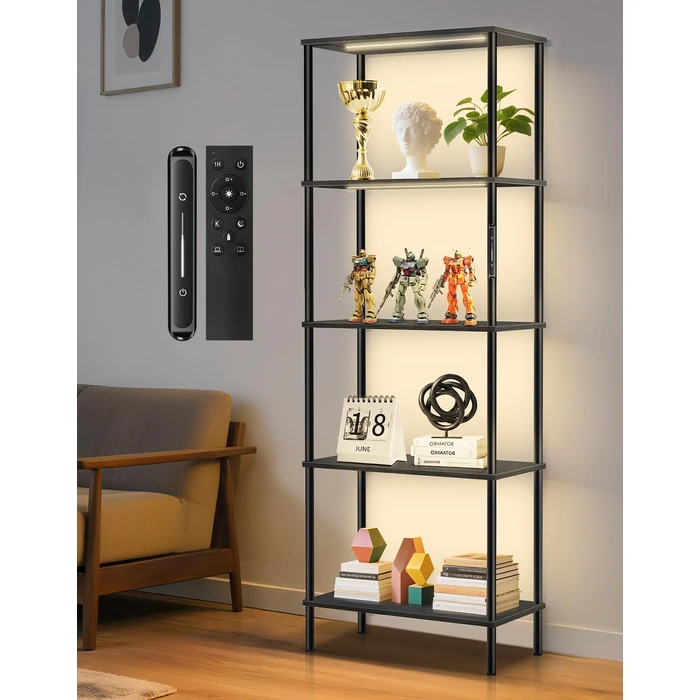 OUTONLIFE 5 Tier 67.3" Bookshelf with LED Lights, Touch & Remote Control, 3 Color Temperature, Timer, Tall Standing Shelf Units, 23.6" Wide Display Cabinet for Living Room, Bedroom, Office (Black) by OUTONLIFE - Image 1