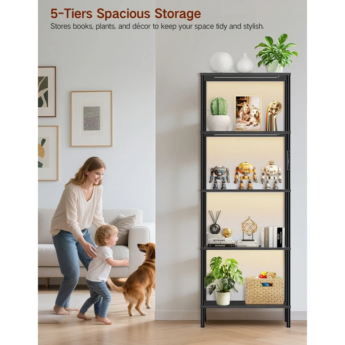OUTONLIFE 5 Tier 67.3" Bookshelf with LED Lights, Touch & Remote Control, 3 Color Temperature, Timer, Tall Standing Shelf Units, 23.6" Wide Display Cabinet for Living Room, Bedroom, Office (Black) by OUTONLIFE - Image 3