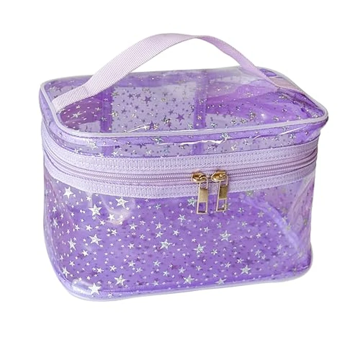 TotePrint Waterproof Star Print PVC Makeup Bag with Handle - 8.66 * 5.51 * 5.51 inch Travel Cosmetic Organizer for Women Men Toiletry Pouch, Purple-L, 8.66*5.51*5.51INCH, Soft Holographic Makeup Bag by TotePrint - Image 1