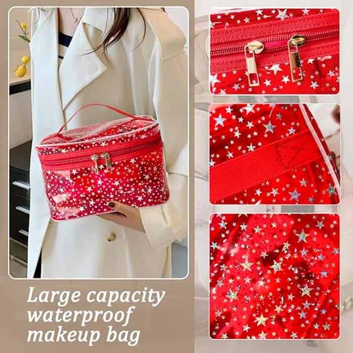 TotePrint Waterproof Star Print PVC Makeup Bag with Handle - 8.66 * 5.51 * 5.51 inch Travel Cosmetic Organizer for Women Men Toiletry Pouch, Purple-L, 8.66*5.51*5.51INCH, Soft Holographic Makeup Bag by TotePrint - Image 3