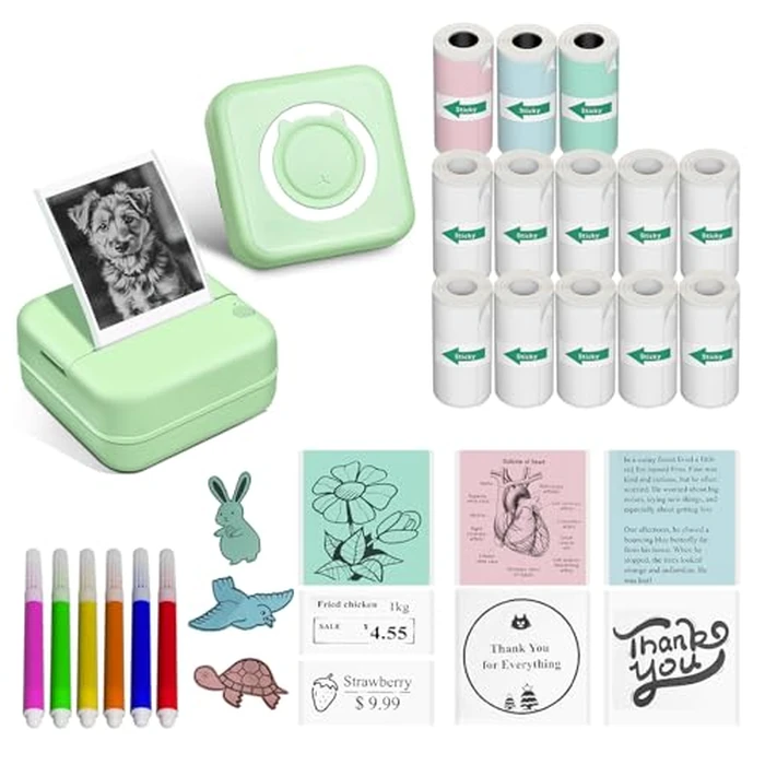 Aptika Mini Printer - Portable Sticker Maker with 14 Rolls Self-Adhesive Thermal Papers, Inkless Label Maker Machine for Study Anatomy Graphics Photos Address, Green by Aptika - Used - Acceptable condition