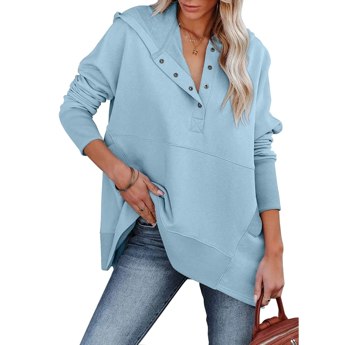 onlypuff Pullover Hoodies for Women V Neck Sweatshirt Button up Juniors Hooded Sweatshirt Long Sleeve Winter Top Baby Blue M by onlypuff - Image 1