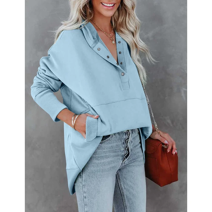 onlypuff Pullover Hoodies for Women V Neck Sweatshirt Button up Juniors Hooded Sweatshirt Long Sleeve Winter Top Baby Blue M by onlypuff - Image 3