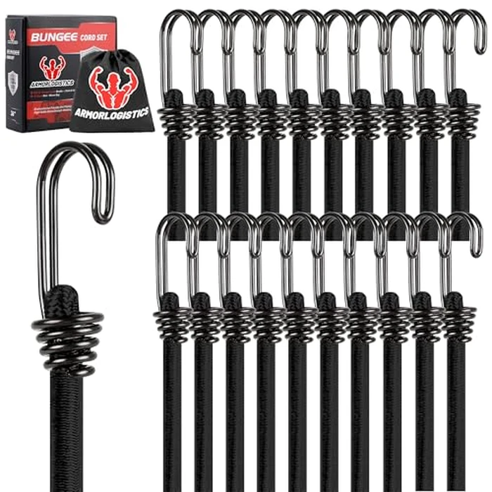 ARMORLOGISTICS Black Bungee Cords with Hooks, Bungee Cords Heavy Duty Outdoor 20 pcs, 72“ Double-J Hooks Bungee Cord Elastic Straps with Storage Bag for Camping, Tent, Securing, and DIY by ARMORLOGISTICS - Image 1