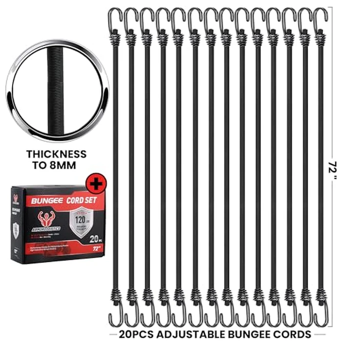 ARMORLOGISTICS Black Bungee Cords with Hooks, Bungee Cords Heavy Duty Outdoor 20 pcs, 72“ Double-J Hooks Bungee Cord Elastic Straps with Storage Bag for Camping, Tent, Securing, and DIY by ARMORLOGISTICS - Image 6