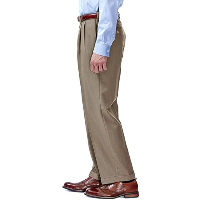 Haggar Men's E-Clo Repreve Classic Fit Pleat Front Dress Pant with Hidden Expandable Waistband Khaki 36W x 30L by Haggar - Image 2