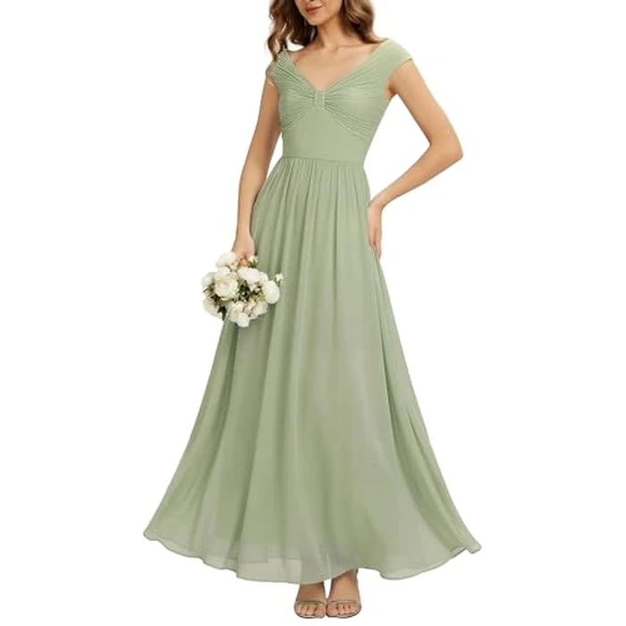 Ever-Pretty Women’s Spring Summer Elegant V Neck Ruched Cap Sleeve Chiffon Formal Wedding Guest Dress Bridesmaid Dresses Mint Green US16 by Ever-Pretty - Image 2