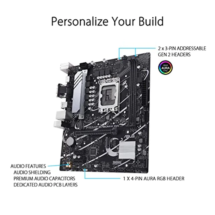 ASUS Prime B760M-K D4 Intel(R) B760 (LGA 1700)(13th and 12th Gen) mATX Motherboard, PCIe 4.0, Two PCIe 4.0 M.2 Slots, DDR4, Realtek 2.5Gb Ethernet, HDMI(R), SATA 6 Gbps, Front USB 3.2 Gen 1, Aura Sync by ASUS - Image 4