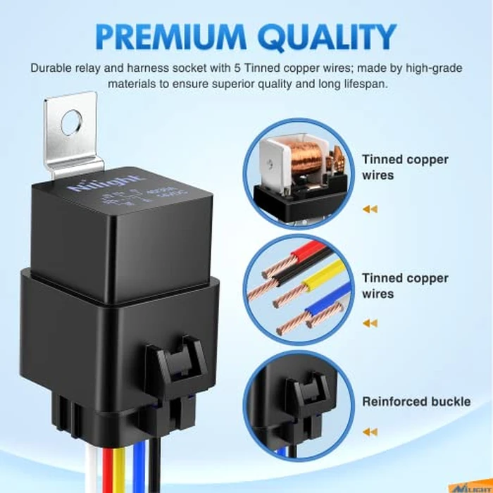 Nilight 5 Pack Waterproof Relay and Harness 40/30 AMP Heavy Duty 12 AWG Tinned Copper Wires 5-PIN SPDT Style 12V Automotive Relay and Harness Set by Nilight - Image 2