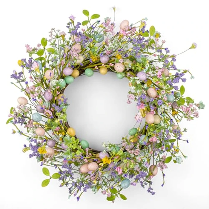 J'FLORU Artificial Easter Wreath 22 Inch Easter Wreaths for Front Door Colorful Egg Wreath with Flowers Green Leaves for Door Wall Porch Farmhouse Decor by J'FLORU - Image 1