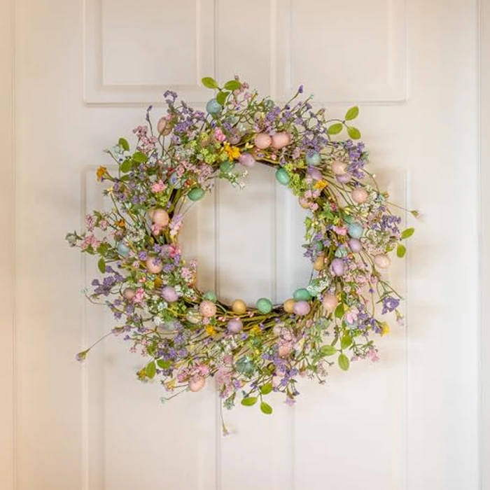 J'FLORU Artificial Easter Wreath 22 Inch Easter Wreaths for Front Door Colorful Egg Wreath with Flowers Green Leaves for Door Wall Porch Farmhouse Decor by J'FLORU - Image 2