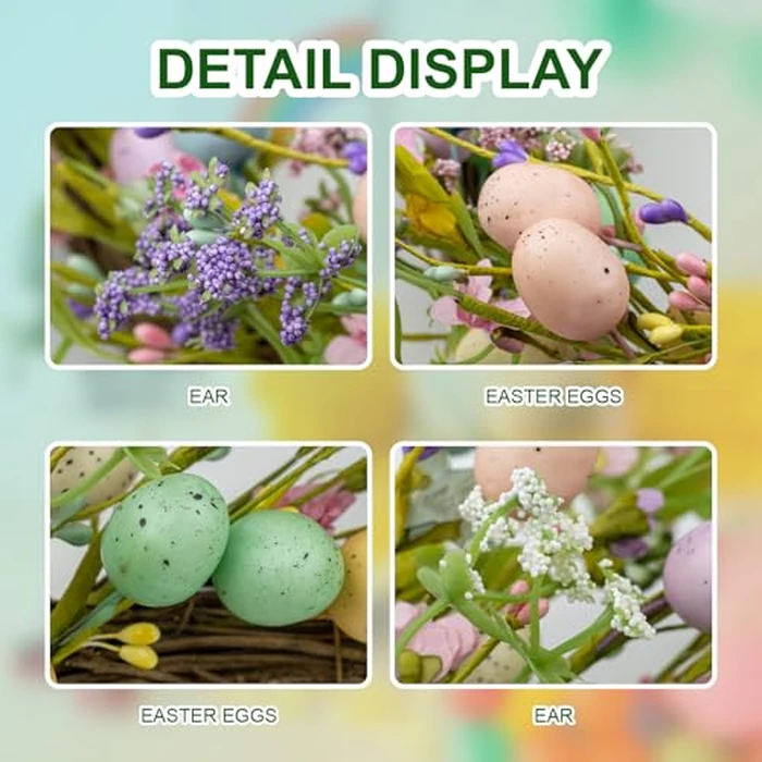 J'FLORU Artificial Easter Wreath 22 Inch Easter Wreaths for Front Door Colorful Egg Wreath with Flowers Green Leaves for Door Wall Porch Farmhouse Decor by J'FLORU - Image 4