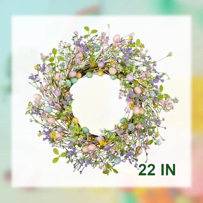 J'FLORU Artificial Easter Wreath 22 Inch Easter Wreaths for Front Door Colorful Egg Wreath with Flowers Green Leaves for Door Wall Porch Farmhouse Decor by J'FLORU - Image 5