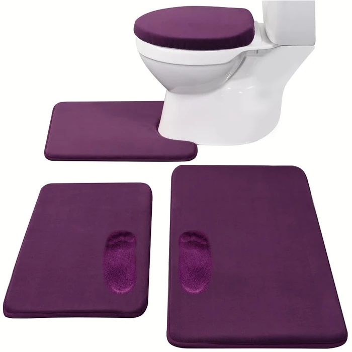 Madeals Memory Foam Bath Mat Set 4 Piece with Toilet Lid Cover and Rug Sets Combo, Bath Mat Set 3 Piece and U-Shaped Toilet Floor Rug Purple by Madeals - Image 1