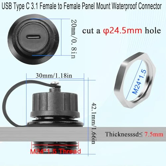 QIANRENON 10Gbps USB C Waterproof Data Adapter USB Type C 3.1 Female to Female Panel Mount Waterproof Connector USB C Feedthrough Bulkhead Mount Socket 50V/1.5A, for Outdoor Data Transfer/Charging by QIANRENON - Image 6