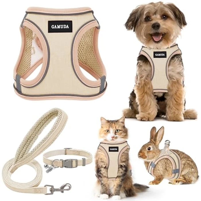 GAMUDA Small Pet Harness Collar and Leash Set, Step in No Chock No Pull Linen Fabric Soft Mesh Dog Vest Harnesses Reflective for Dogs Puppy Cats Kitten Rabbit (Khaki, S) by GAMUDA - Used - Like New condition