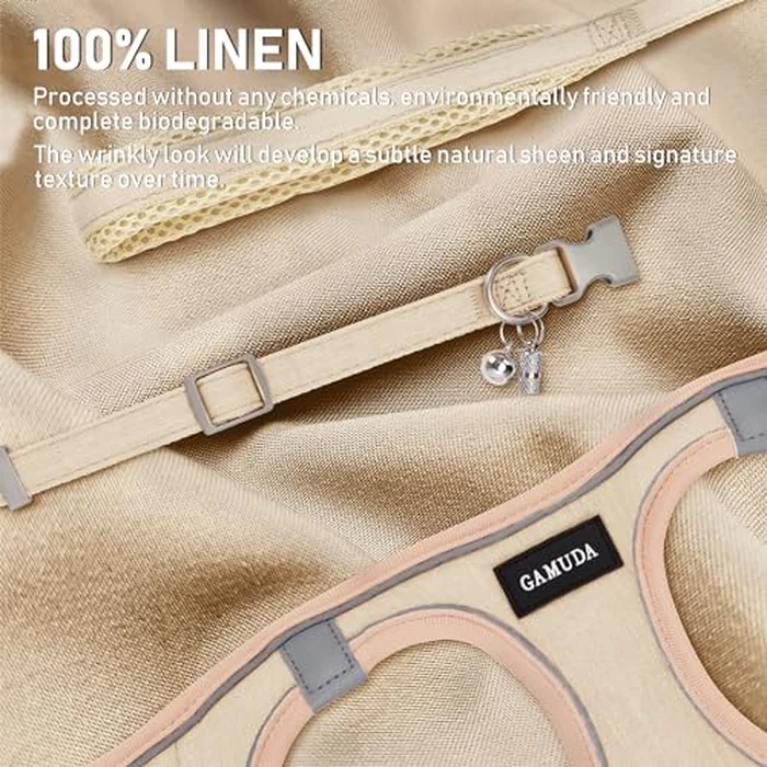 GAMUDA Small Pet Harness Collar and Leash Set, Step in No Chock No Pull Linen Fabric Soft Mesh Dog Vest Harnesses Reflective for Dogs Puppy Cats Kitten Rabbit (Khaki, S) by GAMUDA - Image 2