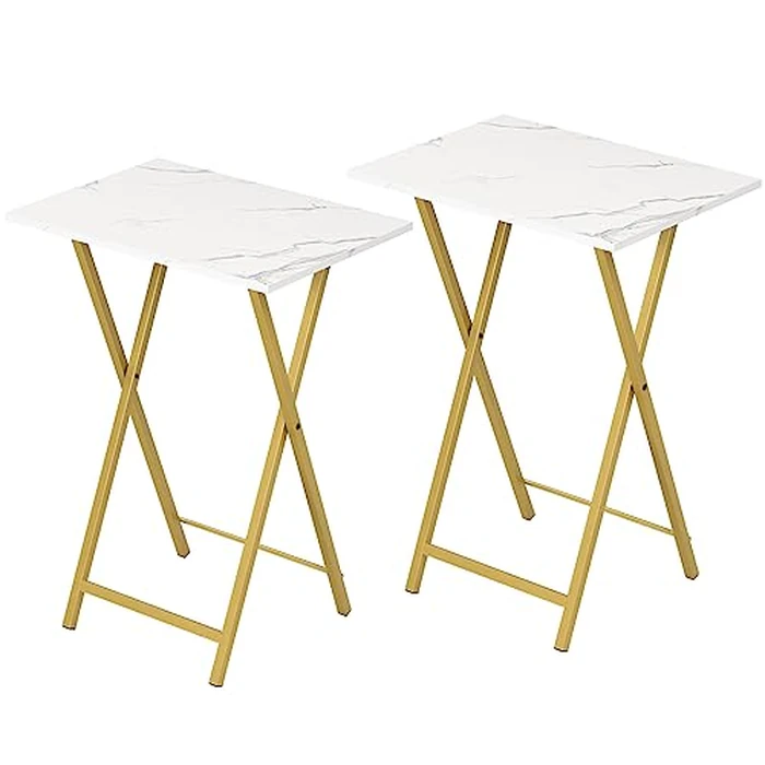 HOOBRO Folding TV Tray Tables, Set of 2 Side Table for Small Space, Portable Snack Tables for Eating at Couch, Stable Metal Frame Sofaside Table, Easy Assembly, Space Saving, Marble and Gold DM25BZ01 by HOOBRO - Used - Very Good condition