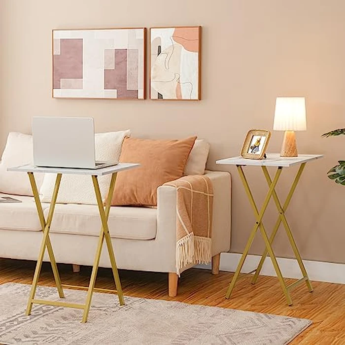 HOOBRO Folding TV Tray Tables, Set of 2 Side Table for Small Space, Portable Snack Tables for Eating at Couch, Stable Metal Frame Sofaside Table, Easy Assembly, Space Saving, Marble and Gold DM25BZ01 by HOOBRO - Image 2
