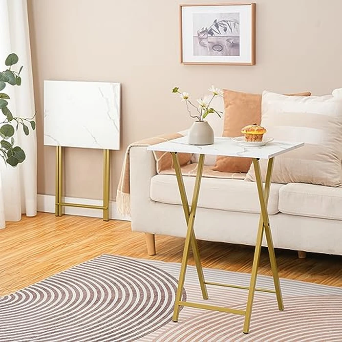 HOOBRO Folding TV Tray Tables, Set of 2 Side Table for Small Space, Portable Snack Tables for Eating at Couch, Stable Metal Frame Sofaside Table, Easy Assembly, Space Saving, Marble and Gold DM25BZ01 by HOOBRO - Image 3