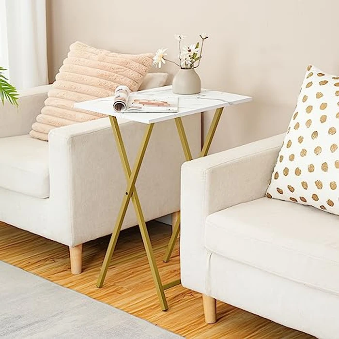 HOOBRO Folding TV Tray Tables, Set of 2 Side Table for Small Space, Portable Snack Tables for Eating at Couch, Stable Metal Frame Sofaside Table, Easy Assembly, Space Saving, Marble and Gold DM25BZ01 by HOOBRO - Image 5