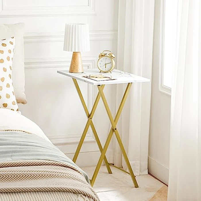 HOOBRO Folding TV Tray Tables, Set of 2 Side Table for Small Space, Portable Snack Tables for Eating at Couch, Stable Metal Frame Sofaside Table, Easy Assembly, Space Saving, Marble and Gold DM25BZ01 by HOOBRO - Image 6