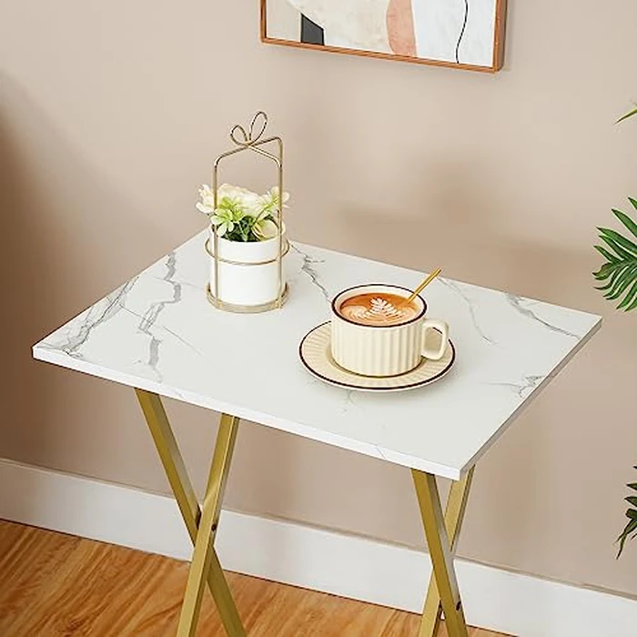 HOOBRO Folding TV Tray Tables, Set of 2 Side Table for Small Space, Portable Snack Tables for Eating at Couch, Stable Metal Frame Sofaside Table, Easy Assembly, Space Saving, Marble and Gold DM25BZ01 by HOOBRO - Image 7