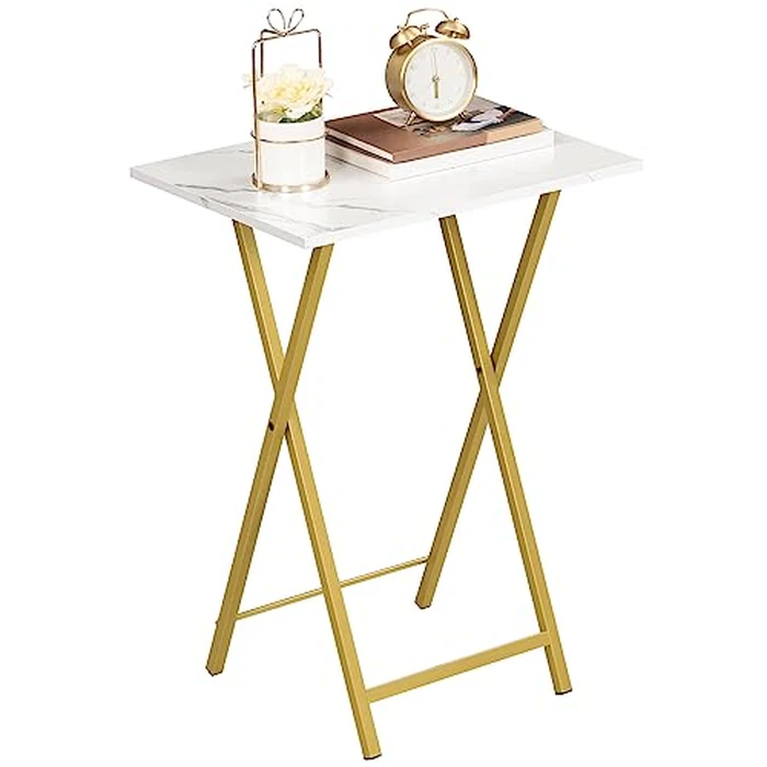 HOOBRO Folding TV Tray Tables, Set of 2 Side Table for Small Space, Portable Snack Tables for Eating at Couch, Stable Metal Frame Sofaside Table, Easy Assembly, Space Saving, Marble and Gold DM25BZ01 by HOOBRO - Image 9