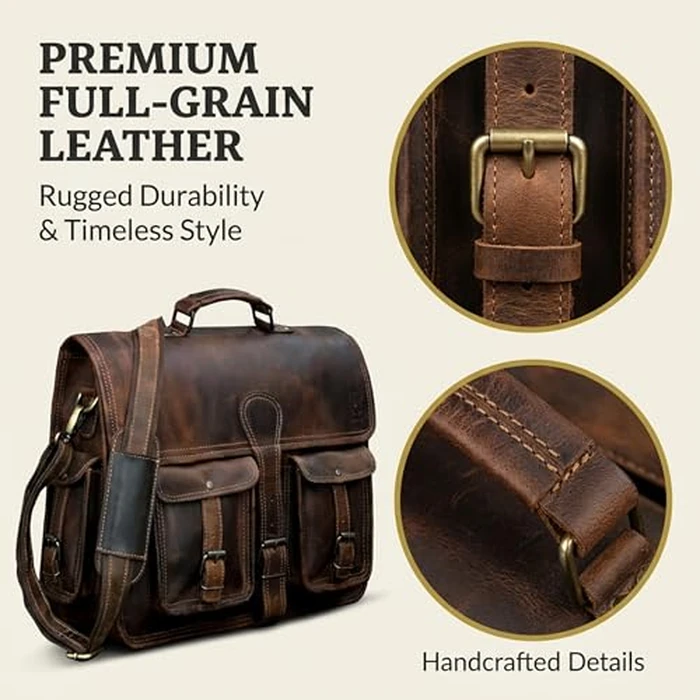 cuero Leather Messenger Bag for Men, 16 Inch Laptop Crossbody, Vintage Handmade Leather Shoulder Satchel Bag for Men, Full Grain Business Briefcase for Office/Work/Travel - Brown by cuero - Image 4
