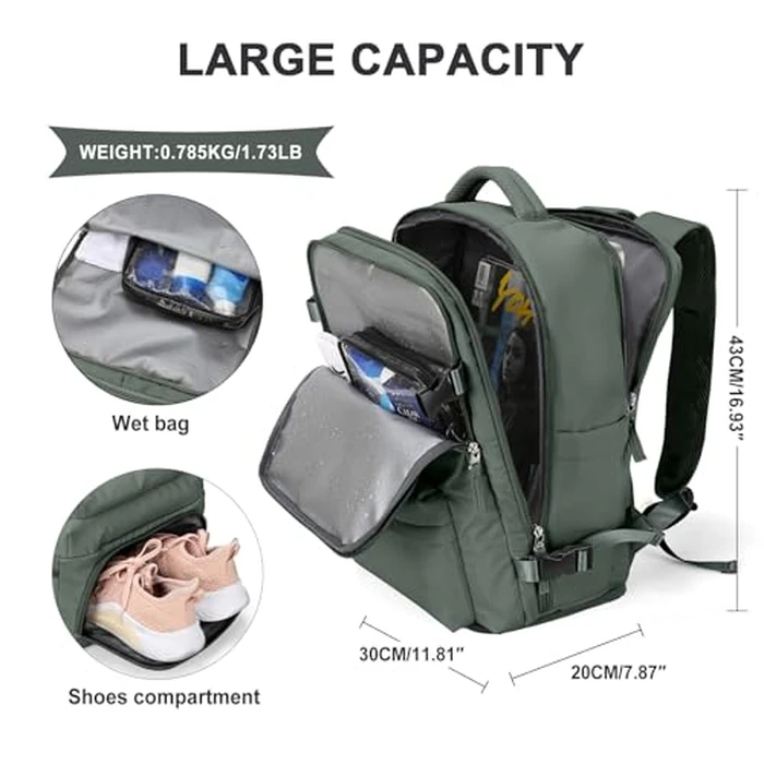 Cabin Bags for Travel, Underseat Carry-ons Bag for Women, Hand Luggage Bag Men Travel Backpack Cabin Size Fit 14 inch Laptop backpack Lightweight Version Green by SEAFEW - Image 3