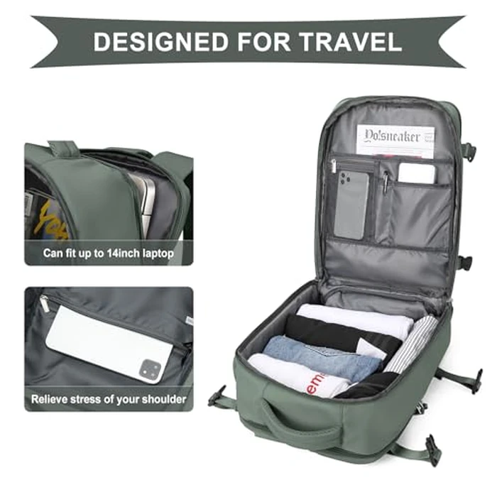 Cabin Bags for Travel, Underseat Carry-ons Bag for Women, Hand Luggage Bag Men Travel Backpack Cabin Size Fit 14 inch Laptop backpack Lightweight Version Green by SEAFEW - Image 4