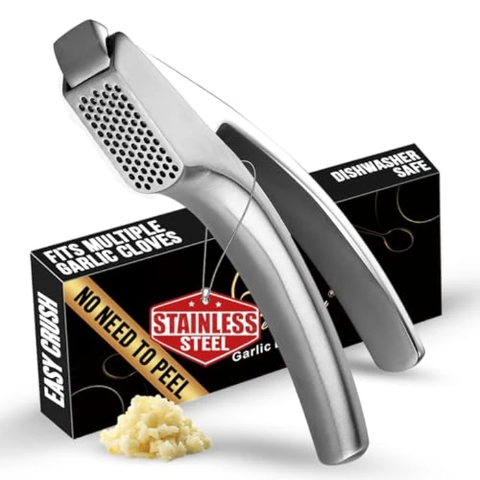 No Peeling Required Garlic Press Stainless Steel with Detachable Handle for Fine Mincing-Premium Garlic Mincer Tool, Rust-Proof, Easy to Clean, Dishwasher Safe Garlic Crusher with Lifetime Replacement by Gourmet Easy - Used - Like New condition - US$16.49