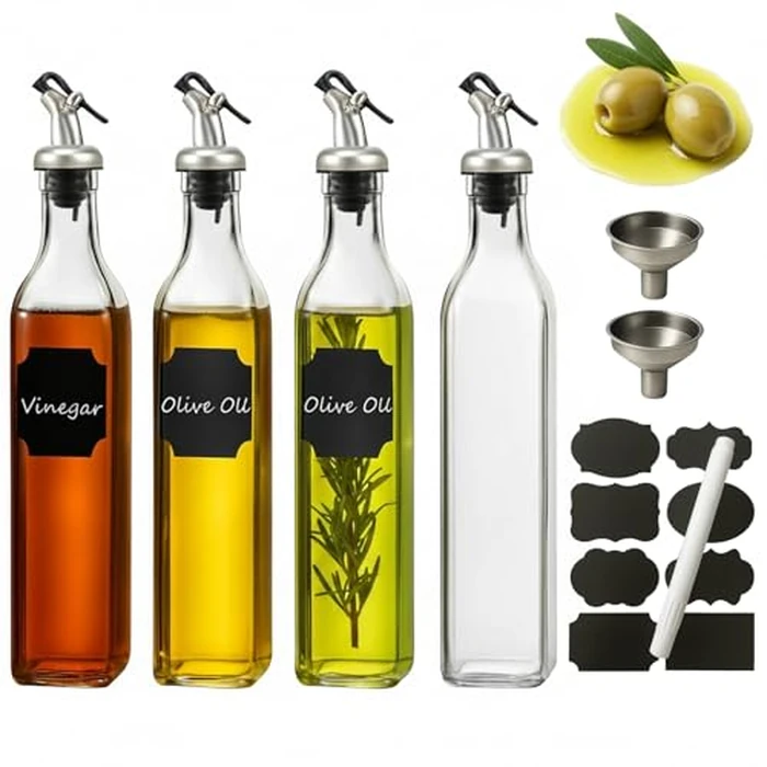 WERTIOO Oil Dispenser Bottle 4 Pack 17 OZ Glass Olive Oil and Vinegar Dispenser Set Oil Container with Funnel & Pen and Tag for Kitchen by WERTIOO - Used - Like New condition