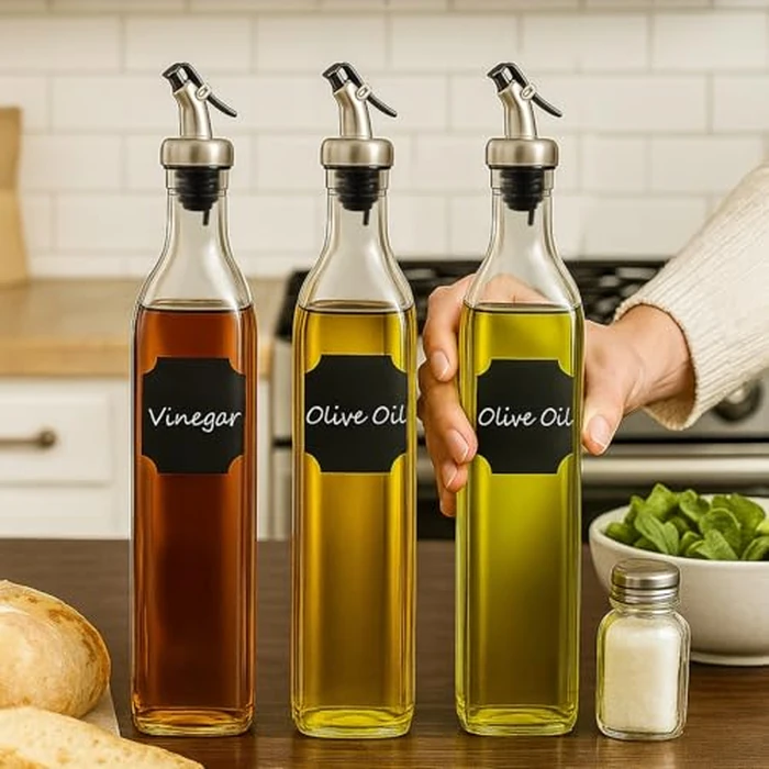 WERTIOO Oil Dispenser Bottle 4 Pack 17 OZ Glass Olive Oil and Vinegar Dispenser Set Oil Container with Funnel & Pen and Tag for Kitchen by WERTIOO - Image 2