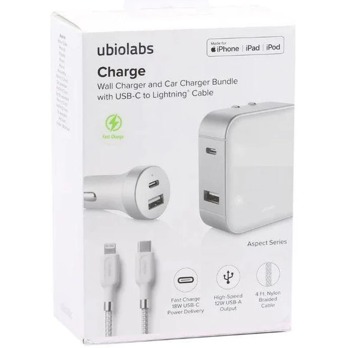 Ubio Labs Charge Wall Charger and Car Charger Bundle with USB-C to Lightning Cable - White by Ubio Labs - Refurbished - Excellent condition - US$16.94