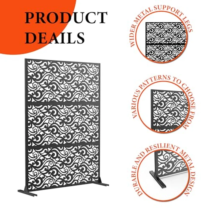 Outdoor Metal Privacy Screen 72" H x 47" W, Freestanding Decorative Fence and Room/Garden Divider with Stand, Weather-Resistant Privacy Screens and Panels for Patio Lawn Garden Deck Balcony, 3-Panel by CuisinSmart - Image 3