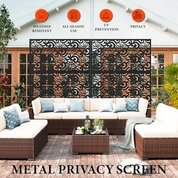 Outdoor Metal Privacy Screen 72" H x 47" W, Freestanding Decorative Fence and Room/Garden Divider with Stand, Weather-Resistant Privacy Screens and Panels for Patio Lawn Garden Deck Balcony, 3-Panel by CuisinSmart - Image 4