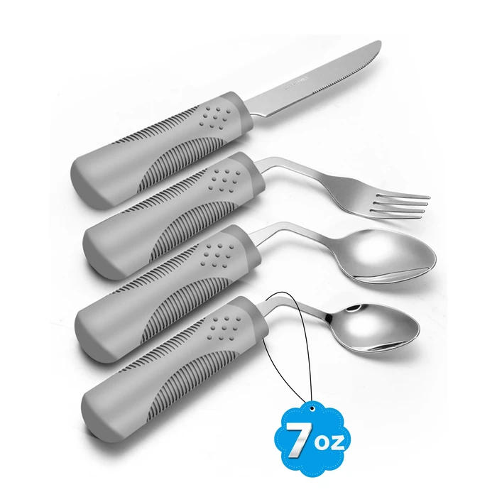 BaseSmall Adaptive Utensils (4-Piece Kitchen Set) Weighted 7 oz - 42 degrees Angled Utensils for Parkinson's Patients, Hand Tremors, Arthritis & Elderly - Weighted Silverware for Hand Tremors (Left Handed) by BaseSmall - Image 1