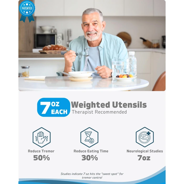 BaseSmall Adaptive Utensils (4-Piece Kitchen Set) Weighted 7 oz - 42 degrees Angled Utensils for Parkinson's Patients, Hand Tremors, Arthritis & Elderly - Weighted Silverware for Hand Tremors (Left Handed) by BaseSmall - Image 2