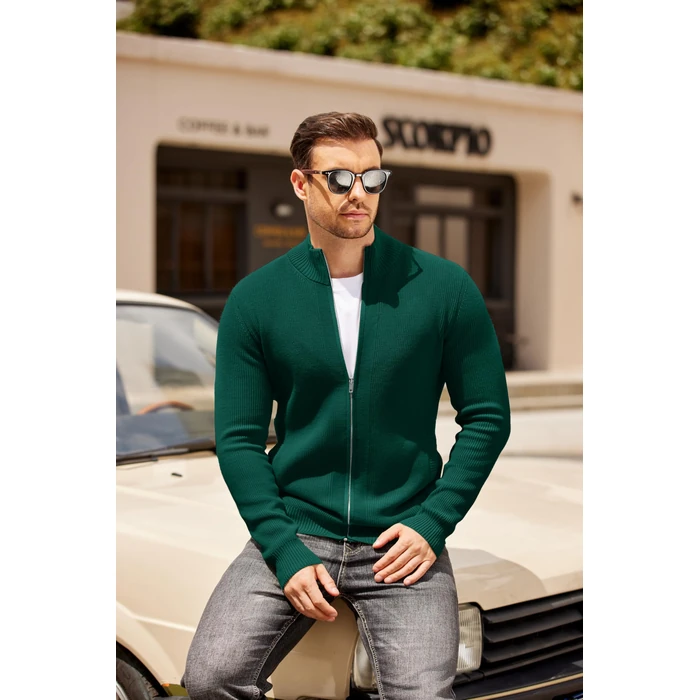 COOFANDY Men's Cardigan Sweaters Light Zipper Pullovers Big and Tall Stand Collar Jacket Knit Slim Fit Cardigans Ideas Green S-XXXL by COOFANDY - Image 2