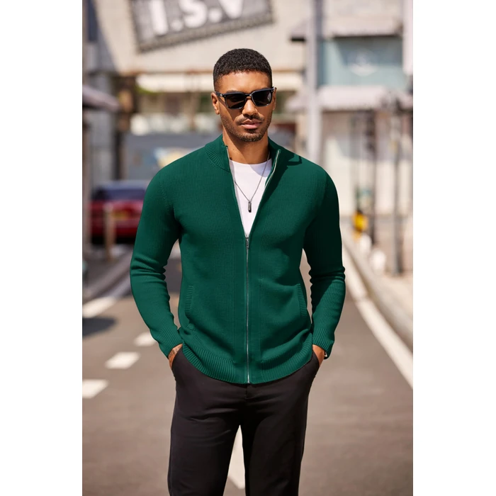 COOFANDY Men's Cardigan Sweaters Light Zipper Pullovers Big and Tall Stand Collar Jacket Knit Slim Fit Cardigans Ideas Green S-XXXL by COOFANDY - Image 4
