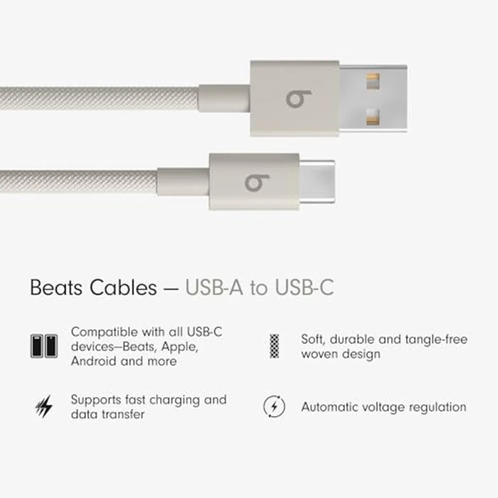 Beats USB-A to USB-C Woven Cable Fast Charging Durable and Tangle-Free Design Compatible Charger for Apple & Android Devices (1.5 m) - Surge Stone by Beats - Image 2
