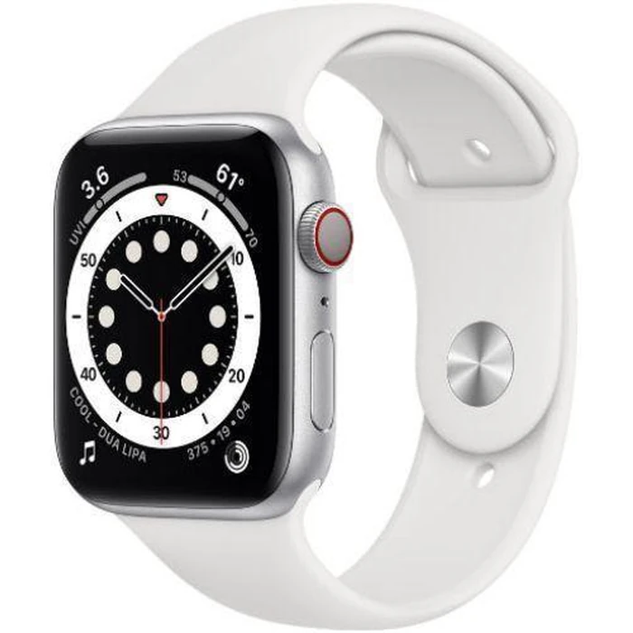 Apple Watch Series 6 (Cellular + GPS) - 32GB - 44mm - Silver Aluminum Case with White Rubber Sport Band by Apple - Image 2