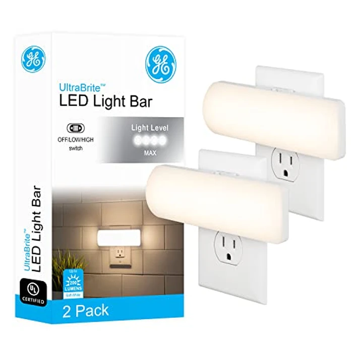 GE Home Electrical Ultrabrite LED Light Bar, 200 Lumens, High/Low/Off Switch, Plug-in, Night Light, Ideal for Dark Spaces, Bedroom, Bathroom, Kitchen, Hallway, Garage, Basement White, 52261, 2 Pack by GE - Used - Very Good condition - CA$17.97